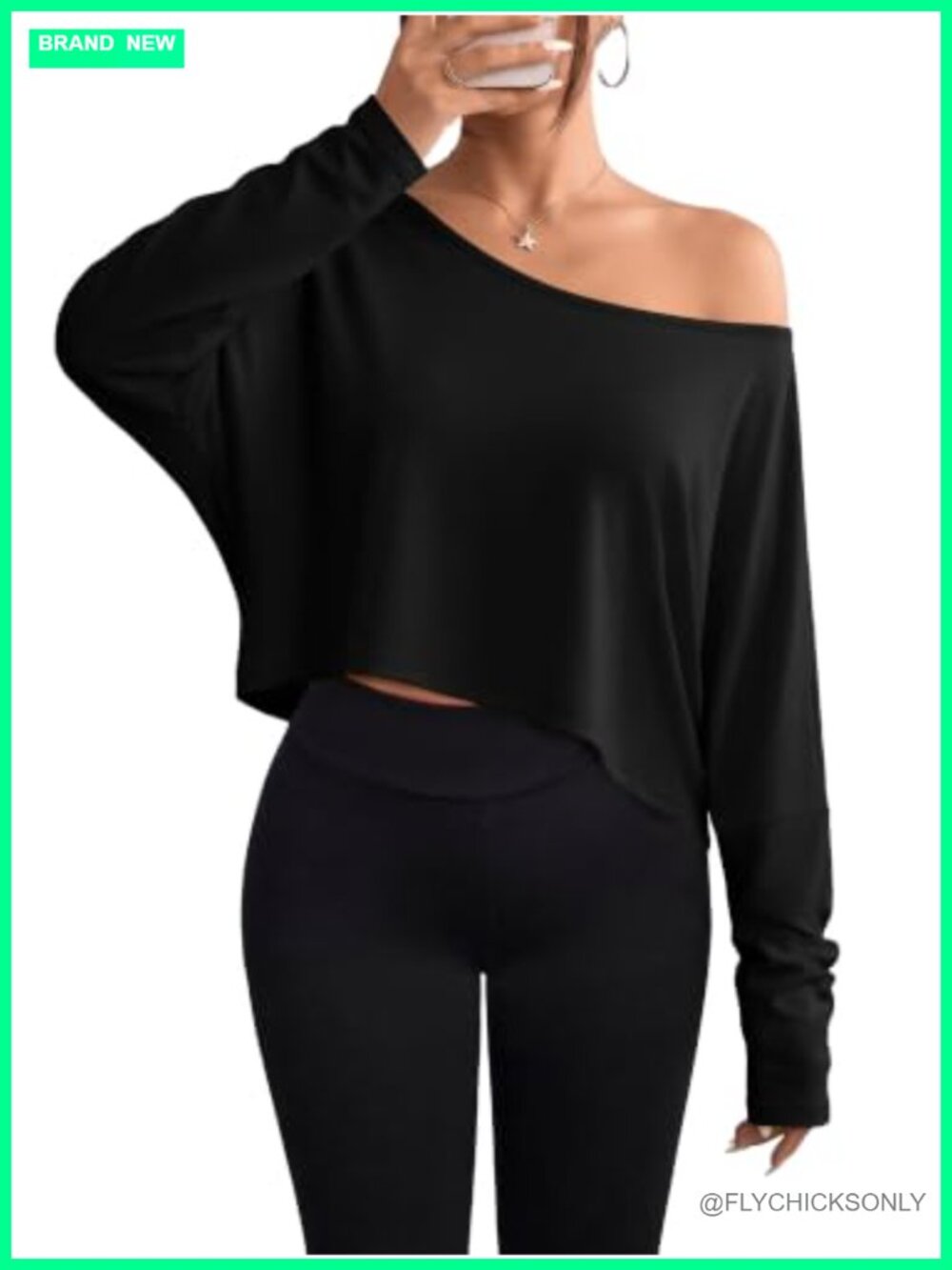 Womens Off Shoulder Crop Top Oversized Batwing Long Sleeve Y2K Tee